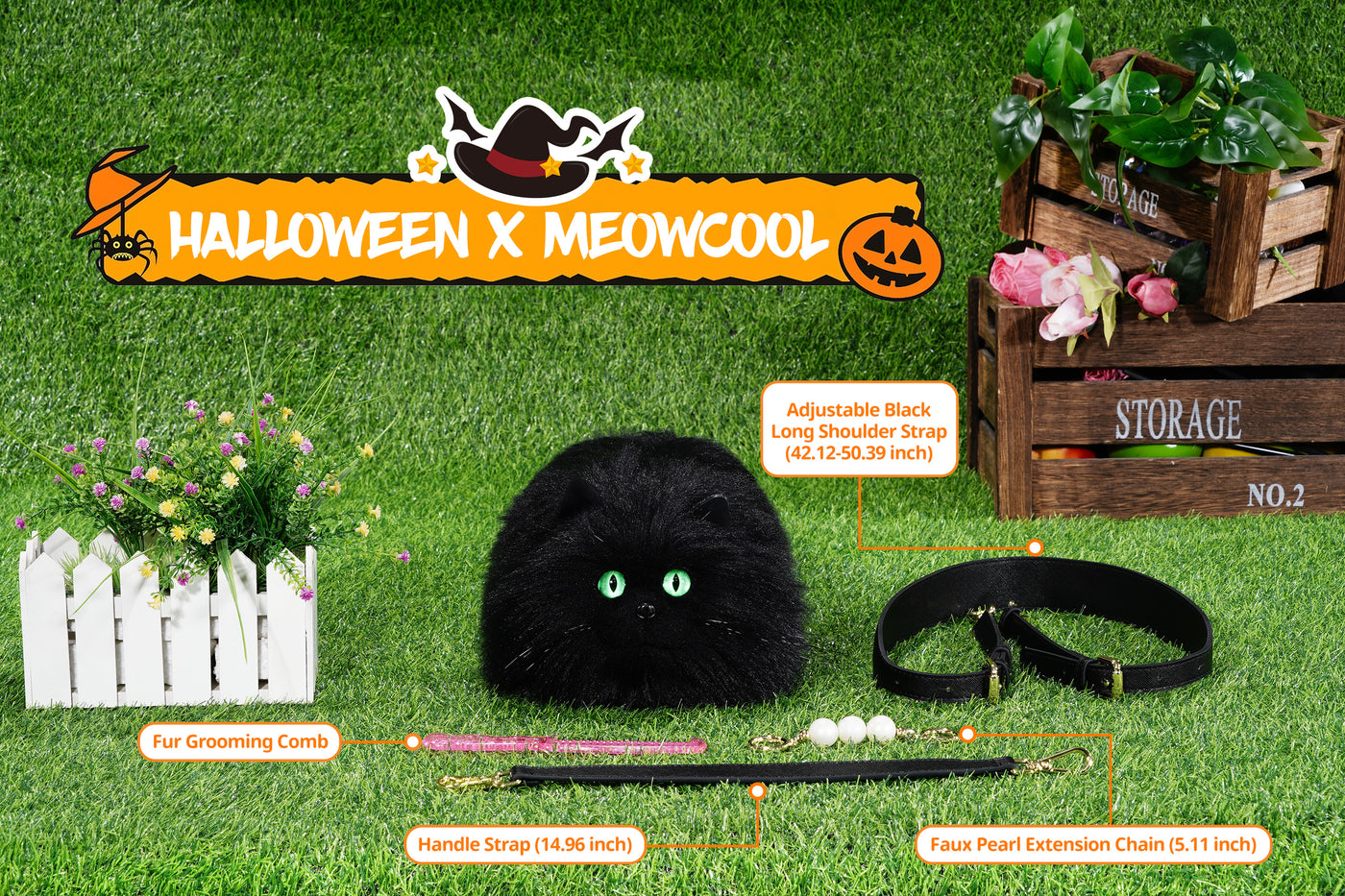 🎃MEOWCOOL  Large Black Long-Haired Cat Plush Purse with Green Slit Eyes💚