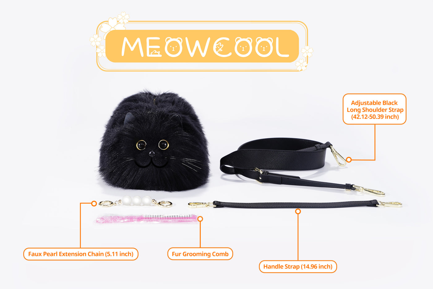 ✨MEOWCOOL Large Black Long-Haired Cat Plush Purse with Yellow Eyes💛