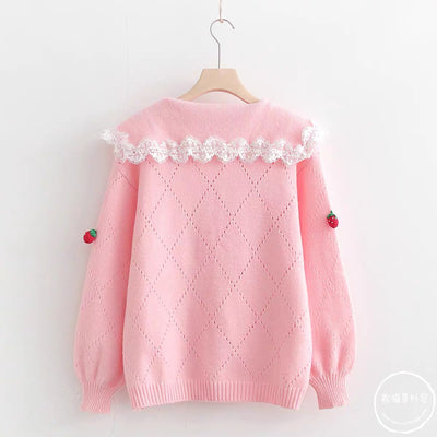 Soft Girl Strawberries Embroidery Cardigan Sweater