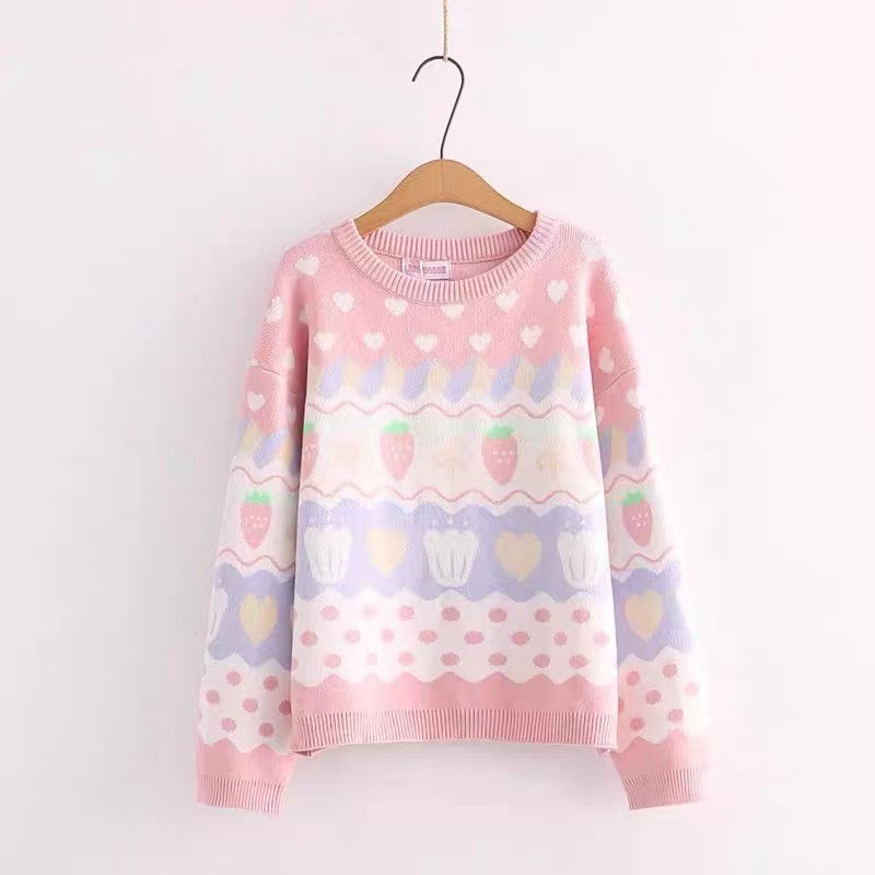 Kawaii Pink Strawberries Sweater