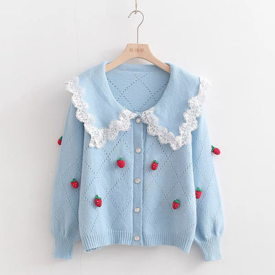 Soft Girl Strawberries Embroidery Cardigan Sweater