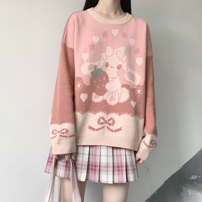 Soft Girl Strawberry Bunny Knitted Sweater Top