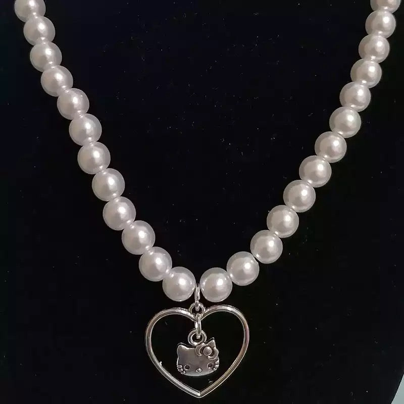 Hello Kitty Inspired Necklace Faux Pearl