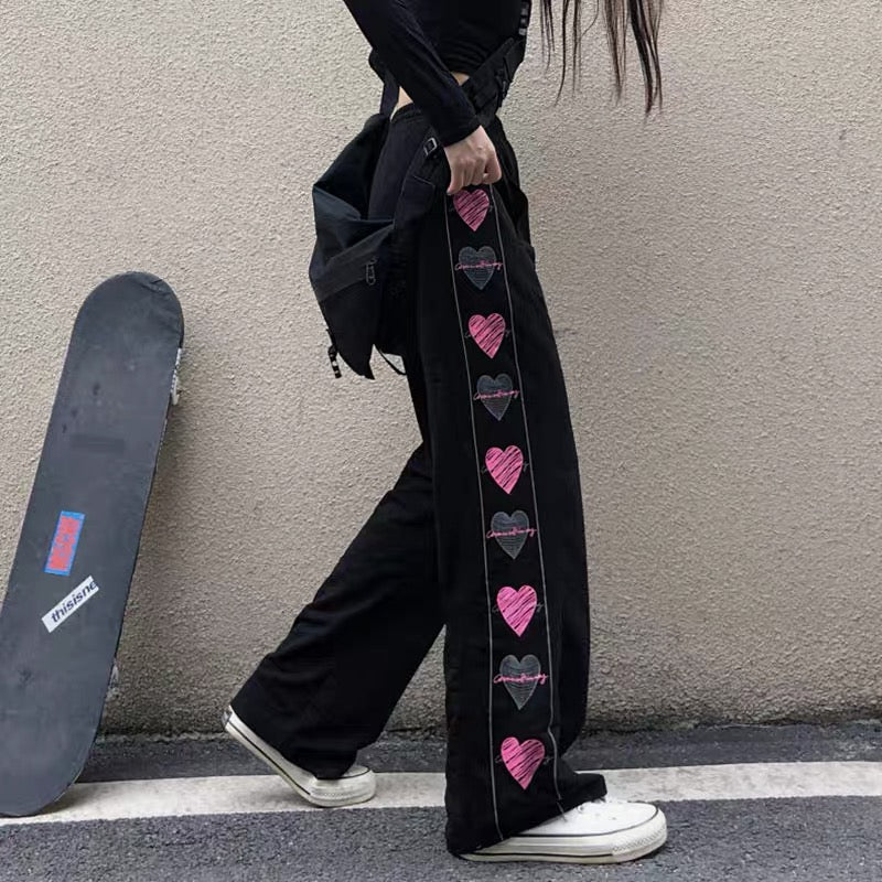 Harajuku Style High Waisted Hearts Track Pants