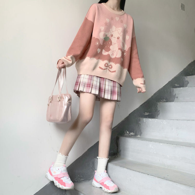 Soft Girl Strawberry Bunny Knitted Sweater Top